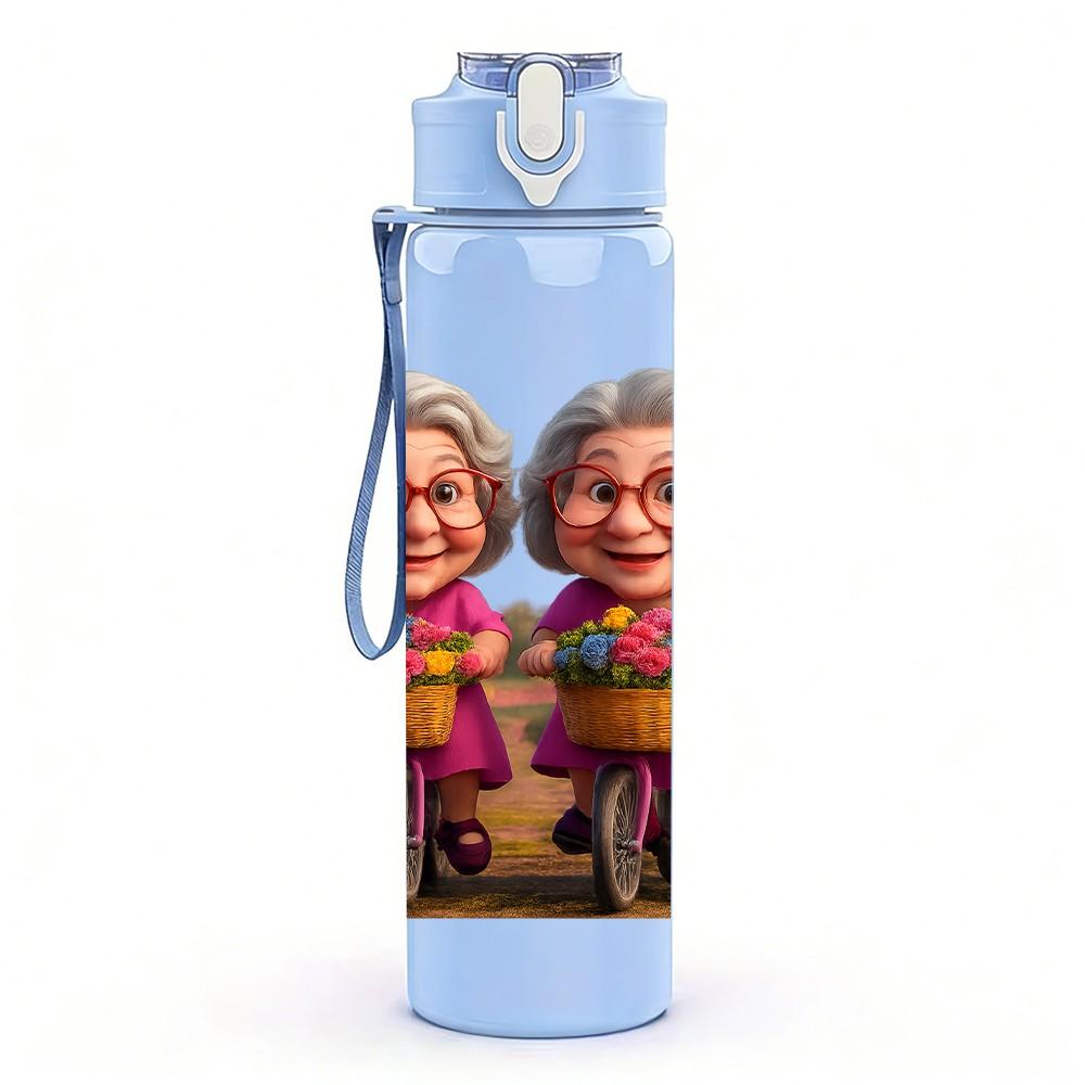 1PC Two Elderly Old Ladies Portrait Print 750ml Color Plastic Sports Water Bottle Leakproof Flip Straw Lid Suitable for Sports Office Home Use