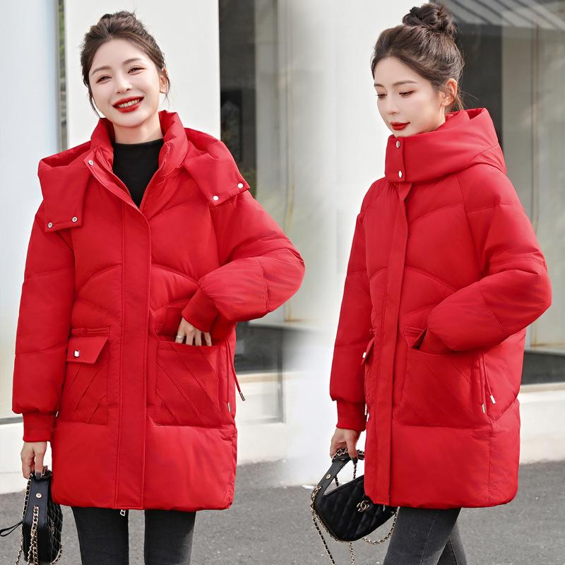 Down Cotton Jacket Women's Mid-length 2025 New Korean Version Loose Slimming Cotton Jacket Thickened Hooded Padded Jacket Winter Jacket
