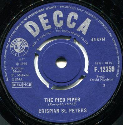 7-Zoll-Schallplatte CRISPIAN ST. PETERS - Der Rattenfänger F12359 Decca 1966 UK Rock Gebraucht