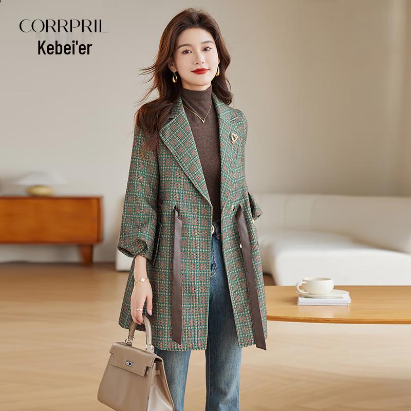 Kebell Women's Houndstooth Mid-Length Trench Coat