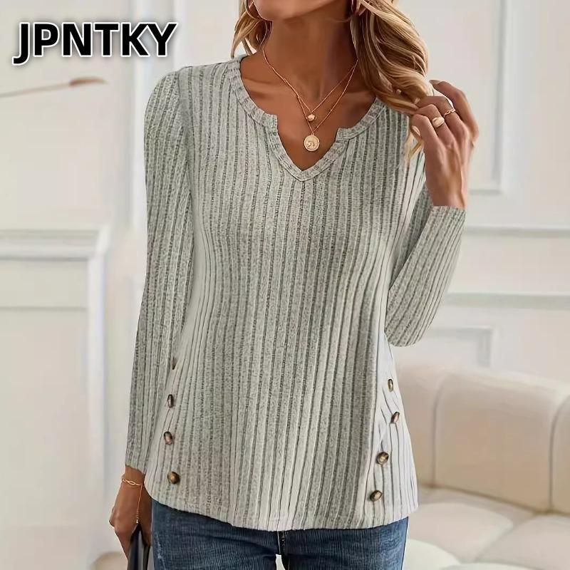 JPNTKY Women's Fashion Casual Solid Color Print Long Sleeve V Neck Blouses & Shirts