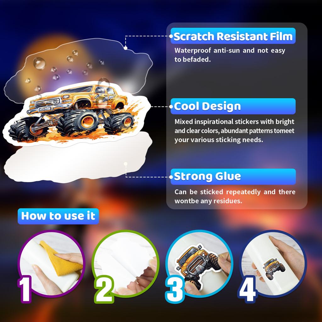 10/25/50pcs Cartoon Vehicle Monster Truck Stickers for DIY Scrapbook Stationery Water Bottle Phone Laptop Guitar