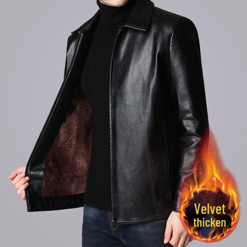 2024 Men's Fleece-Lined & Thin Style Winter Leather Jacket for Middle-Aged and Elderly