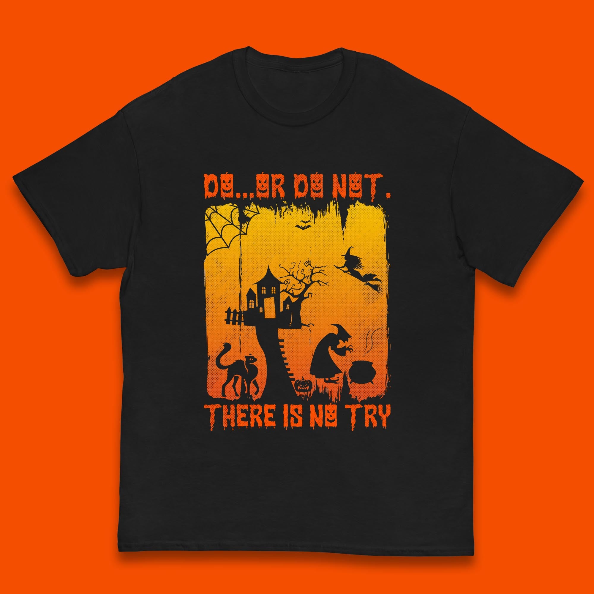 

Do Or Do Not There Is No Try Halloween Tree House Flying Witch Scary Spooky Black Cat Kids T Shirt 120