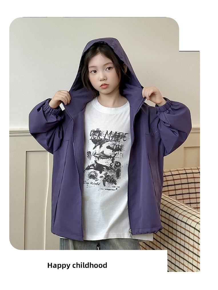 Girls' Sporty Hooded Windbreaker - Embroidered, Big Kids' Jacket for Autumn & Spring