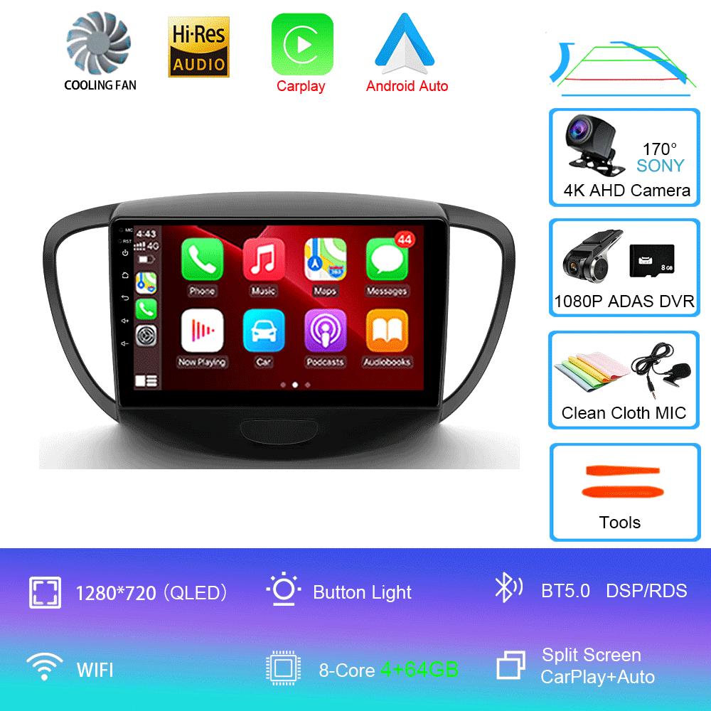 Car Radio Android 14 Carplay Auto For Hyundai I10 2007 - 2013 GPS Recorder Multimedia video Player 4G+WiFi DSP