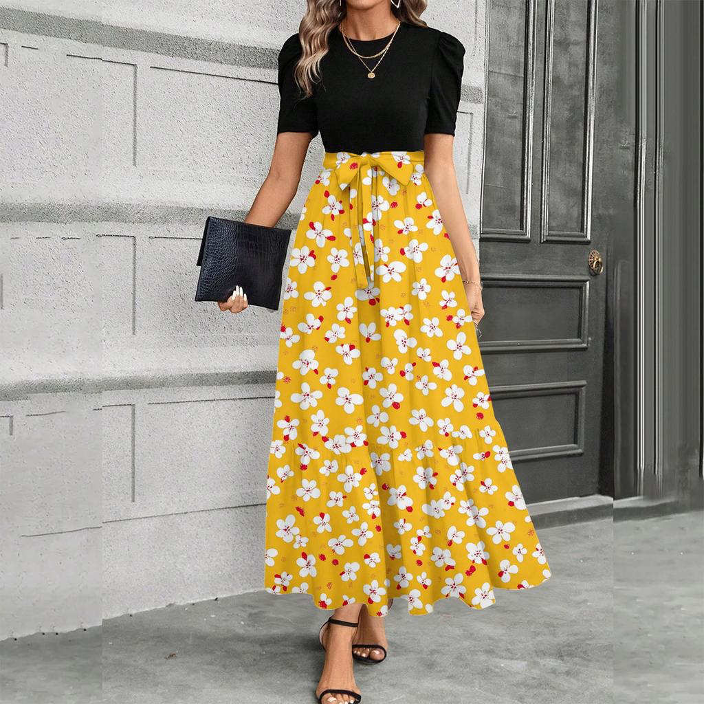 Women Short Sleeve Crewneck Floral Print High Waist Tie Belt Maxi Dress Casual Loose Fit Long Skirt Outfit