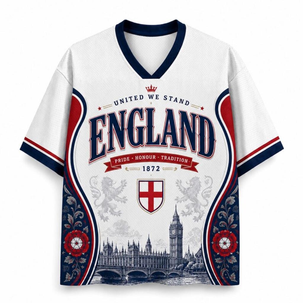 2026 England Fan Uniform Football Print Breathable V-neck Mesh Football T-shirt Is A Must-have for Fans