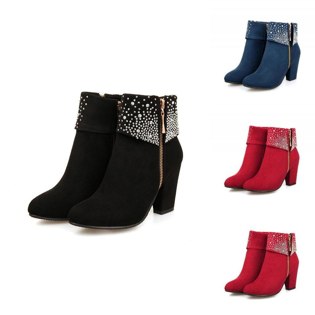 Damenmode Strass Klobige Reißverschluss Lederstiefel Mit Zeitlosem Design-Appeal
