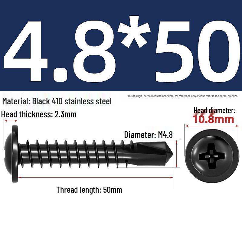 Black Phillips Flat Head Self-Tapping Screws with Washer, 410 Stainless Steel, 4.2M-4.8 Size.