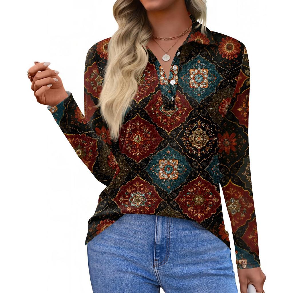 Women's Fashion Casual Lapel Short Long Sleeve Print Shirt Women's Button Up Tops