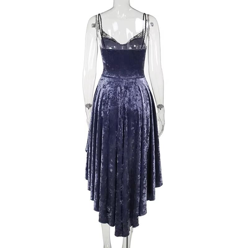 Gothic Goth Dark Victoria Velvet A-line Dress Female Elegant Lolita Partywear Grunge Sling Lace Hem Cloth