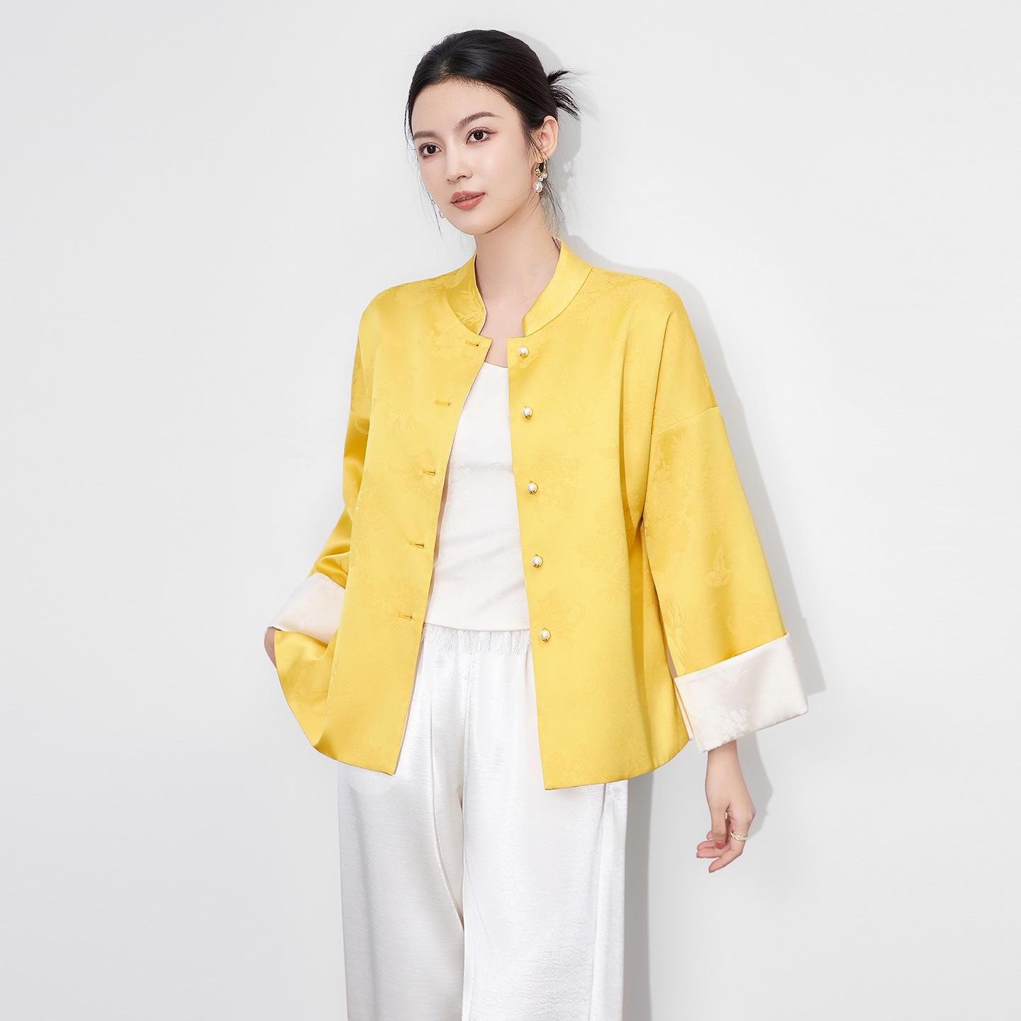 

Женская куртка в стиле гуофэн, новый стиль, осенняя, жаккардовая, двусторонняя, для носки Large жёлтый