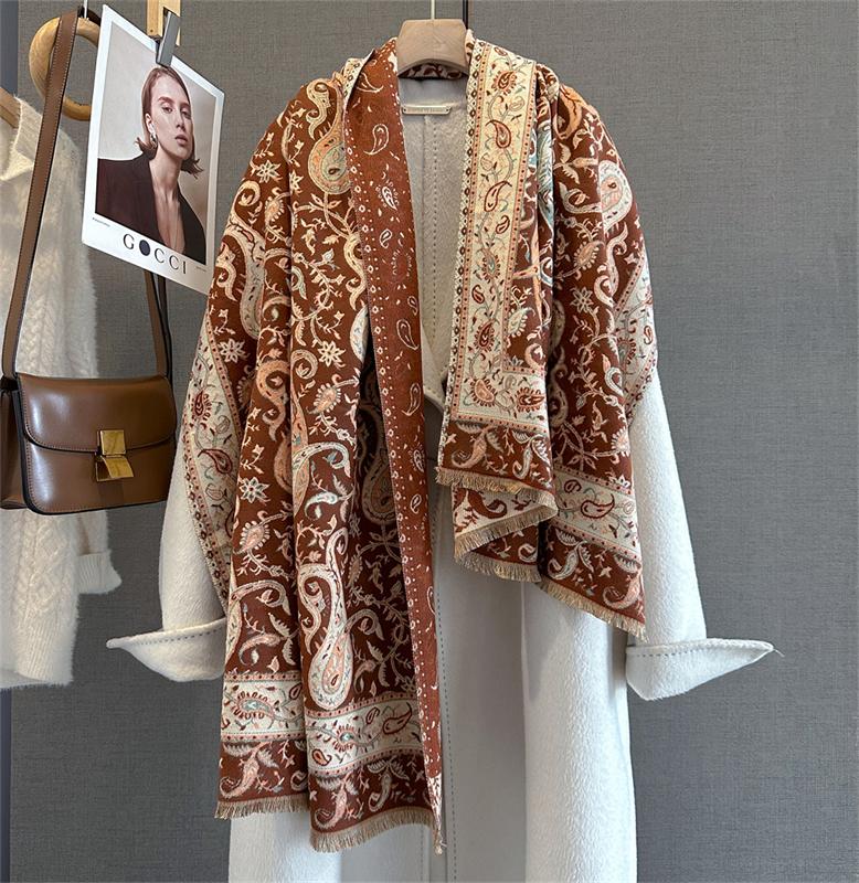 Design Floral Impresso Cashmere Cachecol Feminino Inverno Pashmina Xales E Envoltórios Grosso Quente Bufanda Estolas Cobertor Luxo