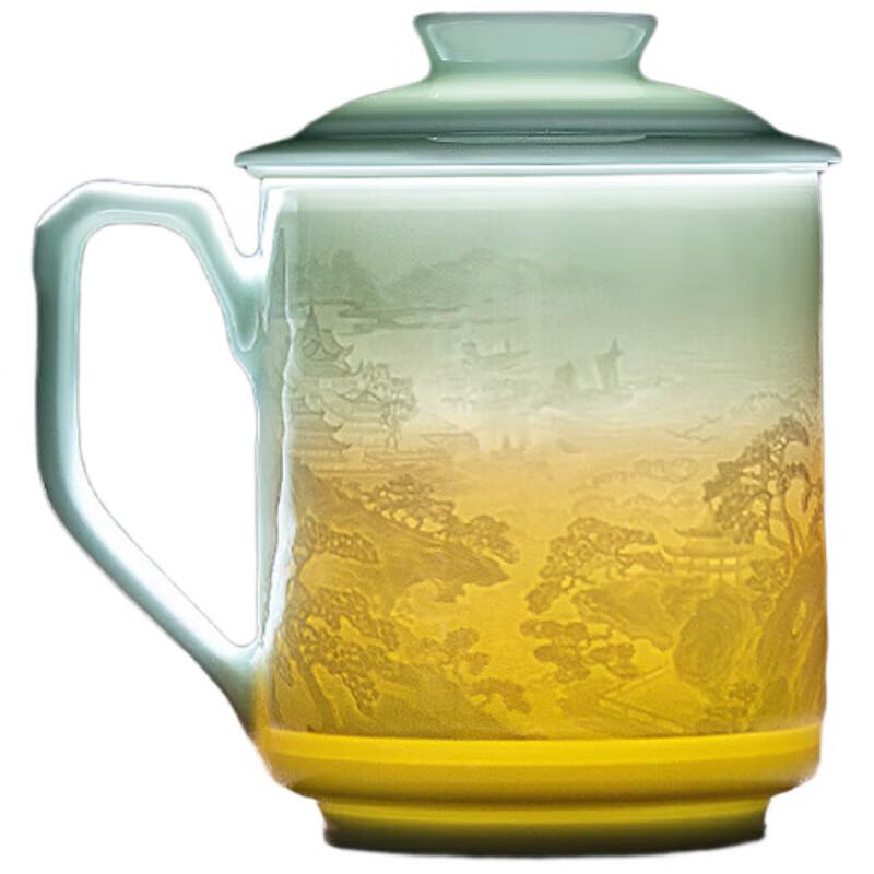 Penglai Fairyland Ceramic Tea Cup with Gold Inlaid Jade