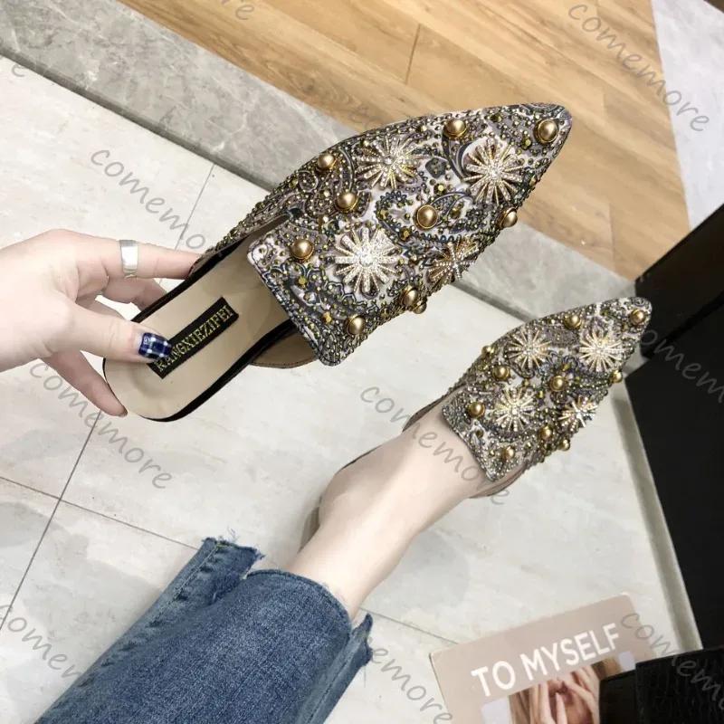 Fashion Comemore Women Slippers Fashion Pointed Rhinestone Rivet Flat Women Shoes Slip-On Mules Loafer Sandals Slides Ladies Shoes