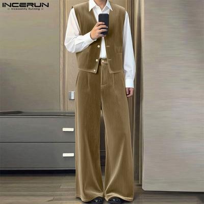 Men Outfits Sleeveless Corduroy Waistcoat And Long Straight Pants Gentleman Sets