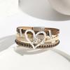 Vintage Multi-layer Leather Bracelet Womens Hollowed Out Heart-shaped Crystal Studded Magnetic Buckle Bangle Party Jewelry