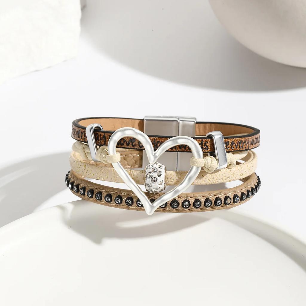 Vintage Multi-layer Leather Bracelet Womens Hollowed Out Heart-shaped Crystal Studded Magnetic Buckle Bangle Party Jewelry