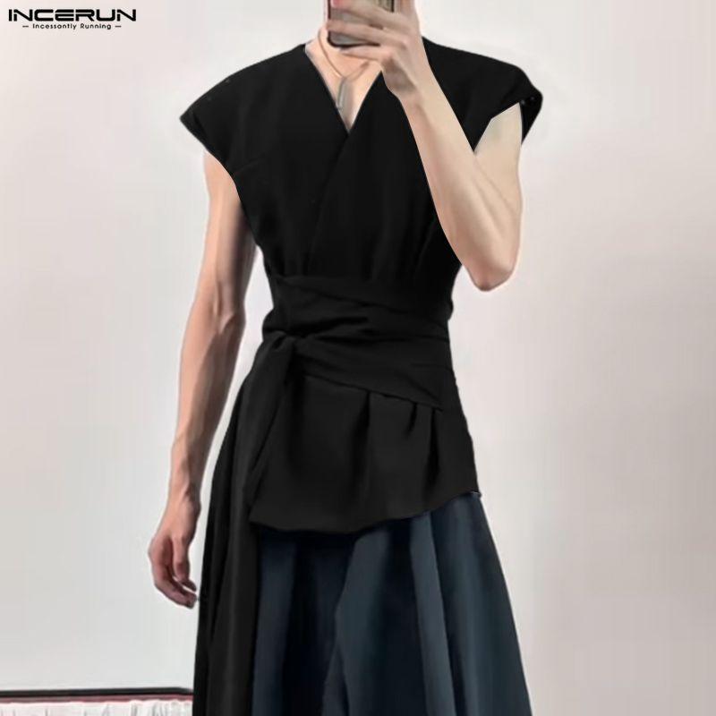 INCERUN Men Sleeveless Lapel Button Up Belt Ruffled Loose Casual Long Waistcoats