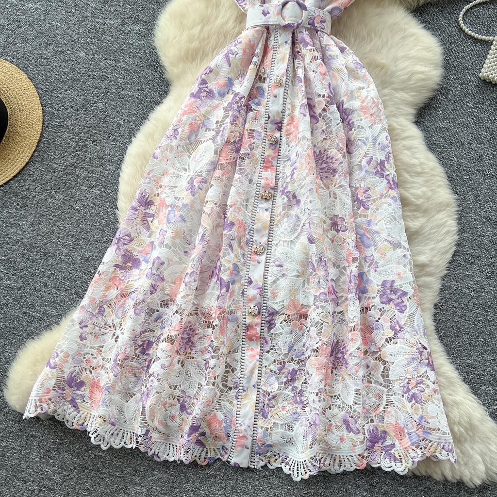 Elegant Lace Printing Formal Dresses Women Lapel Single-breasted Hollow Out Belt Slim Temperament Summer Dress