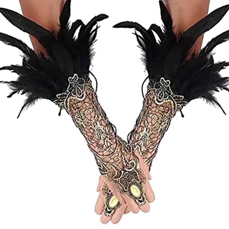 Gothic Feder Goldspitze Langer Handschuh Armband Damen Party Sexy Fingerlose Handschuhe Übertriebene Spitze Netzhandschuhe Accessoires