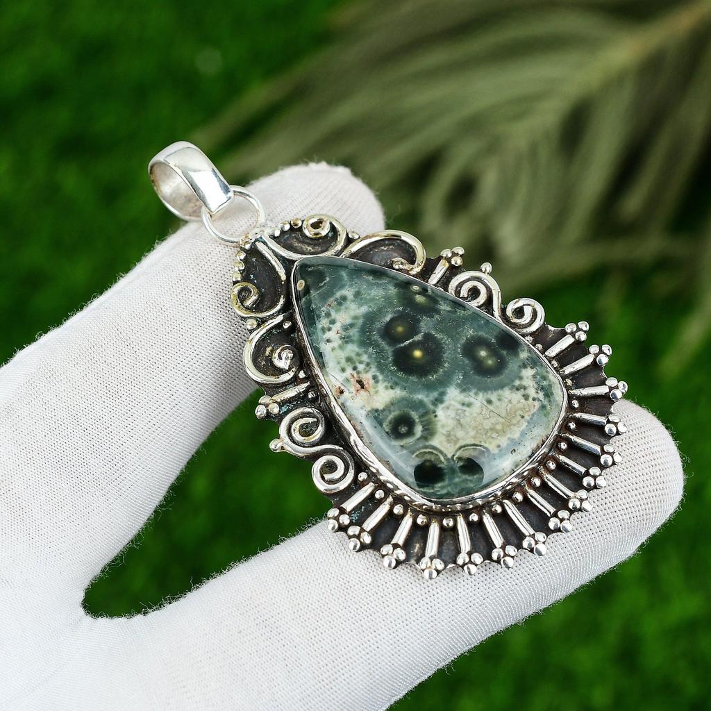 925 Sterling Silver Pear Natural Ocean Jasper Bezel Daughter New Pendant Jewelry