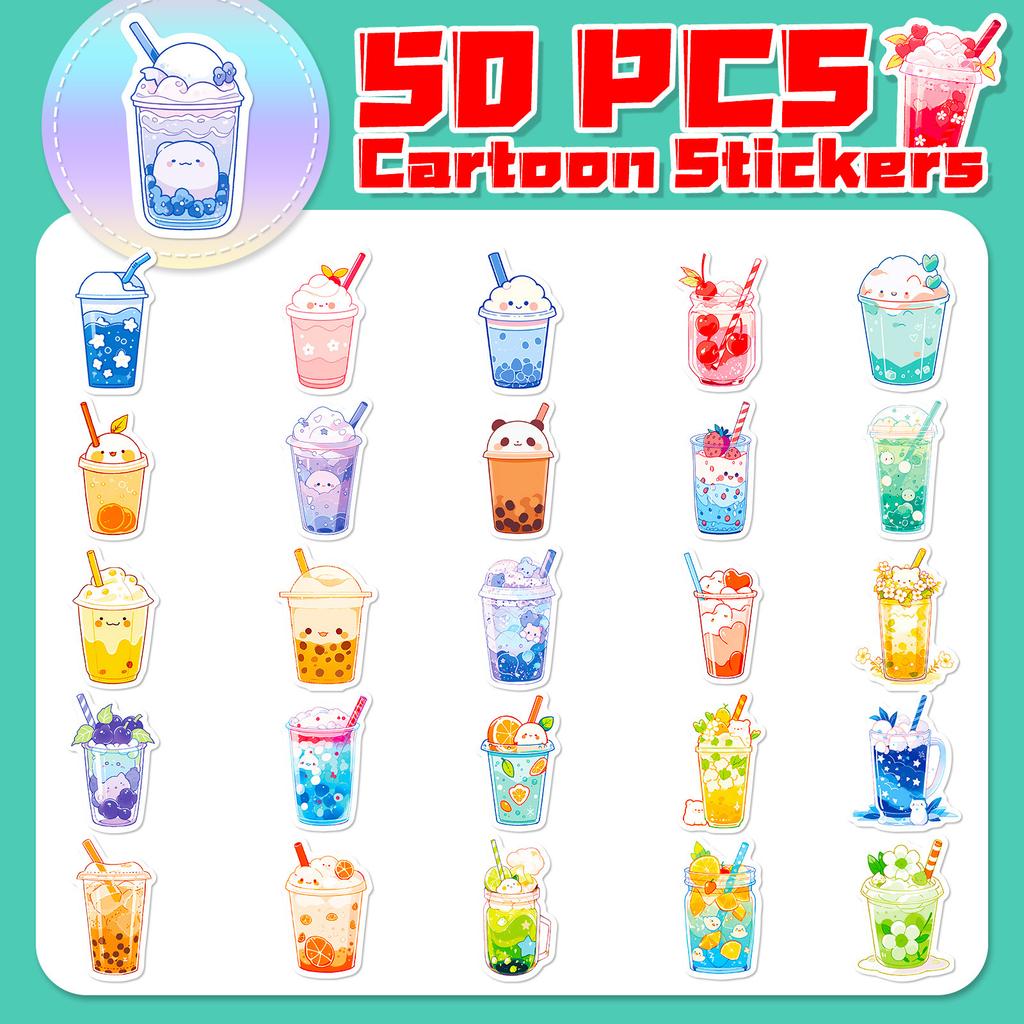 50 Bubble Tea Stickers Flavored Drinks Cute Animals Bubble Tea Cartoons Cute Graffiti Stickers