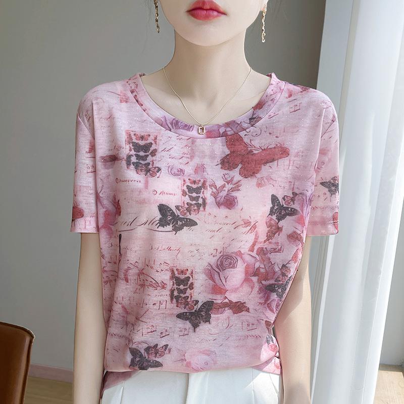 

Spring Summer Charaisel Floral Knitted Short-sleeved T-shirt Design Sense Fashion Bottoming Tie-dye Printed Short-sleeved Women M