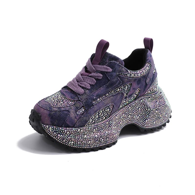 

Модные кроссовки из денима и канваса на толстой подошве с покрытием из страз, женские, со стразами, на массивной подошве, обувь в стиле папиных кроссовок, женские, дизайн люксового бренда, кристальные zapatos 38 фиолетовый