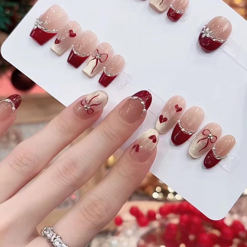 Elegant Cat Eye Heart Bow French Tip Nails – Autumn/Winter High-Grade Handmade Fake Nails