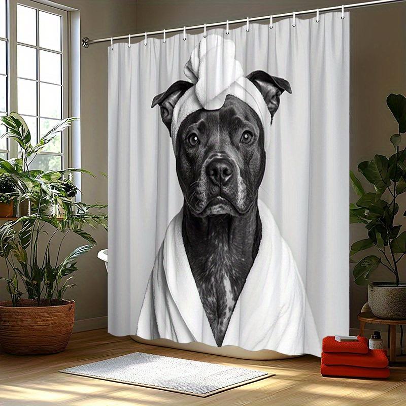 

Pitbull Bathrobe Shower Curtain - Black & White Dog Design, Includes Turban & Robe, Polyester, 70.8X70.8 Inches, Washable W90XH180cm