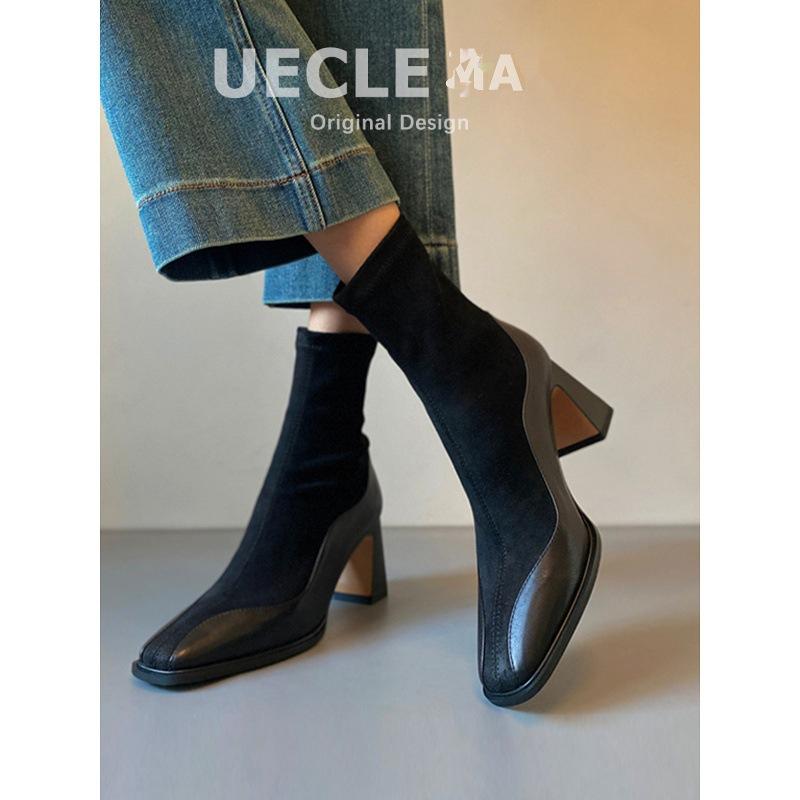 Cowhide~ short boots women's 2025 new leather high heels autumn and winter square head elastic socks boots thick heel French thin boots
