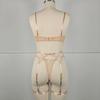 European & American Fashion Metal Chain Embroidered Sheer Bra Lingerie Set with Leg Garter