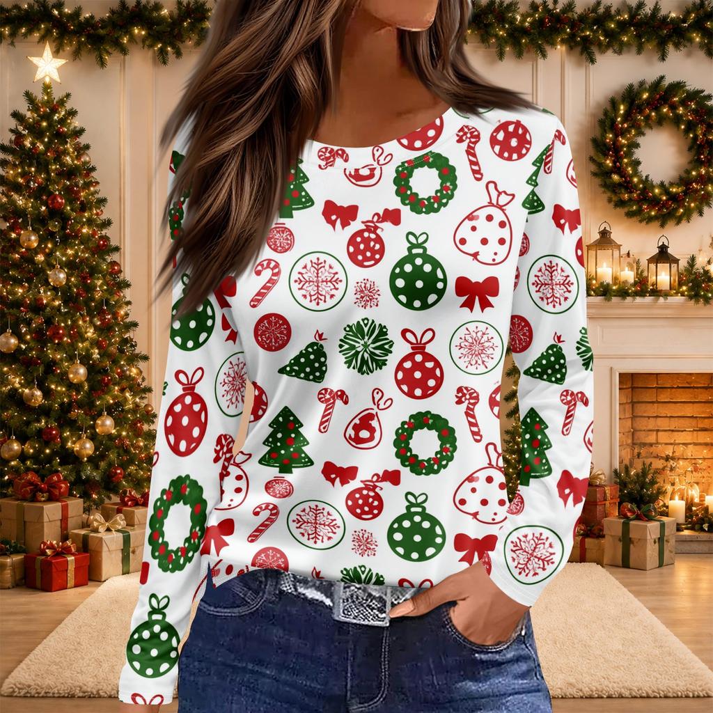 Women's Christmas Print Long Sleeve Top with Round Neck and Side Slit Hem Festive Holiday Blouse