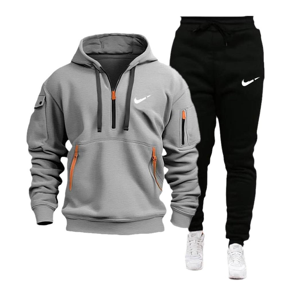 Autumn and winter new men's hoodie fashion casual men's suit trendy zipper multi-pocket fleece suit