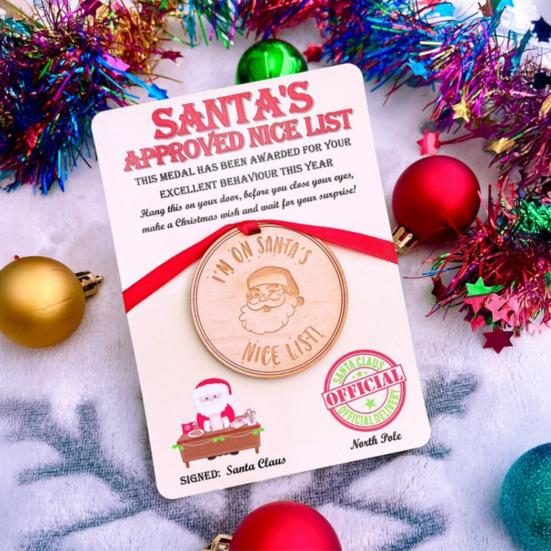 1/2/3Pcs Santa's Nice List Medal I'M ON SANTA'S NICE LIST Wooden Medal with Red Ribbon Holiday Party Christmas Tree Hanging Decoration
