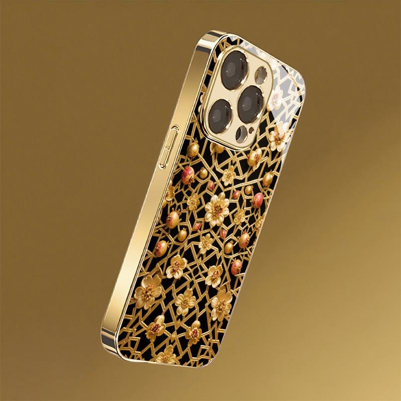 Premium gegalvaniseerde glazen telefoonhoes voor iPhone 17  16  15  14  13  12  11pm Pro Plus. Goudkleurig gestreept bloemenpatroon.