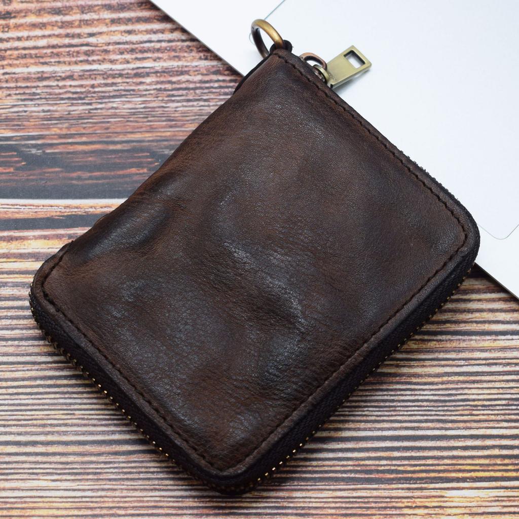 Men's Retro Short Zipper Wallet, Vegetable Tanned Leather Wallet, Vertical Wallet, Trendy