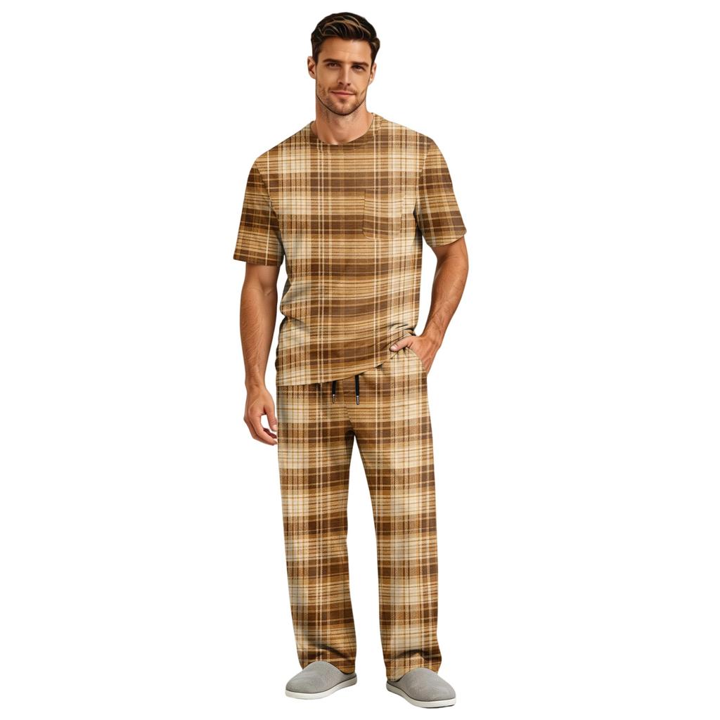 Men's Short Sleeve Pajama Set with Button Fly and Elastic Drawstring Waist for Sleepwear