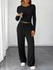 2025 European Cross-Border Spring/Autumn Solid Color Drawstring Waist Long Sleeve and Straight Leg Pants Casual Two-Piece Set