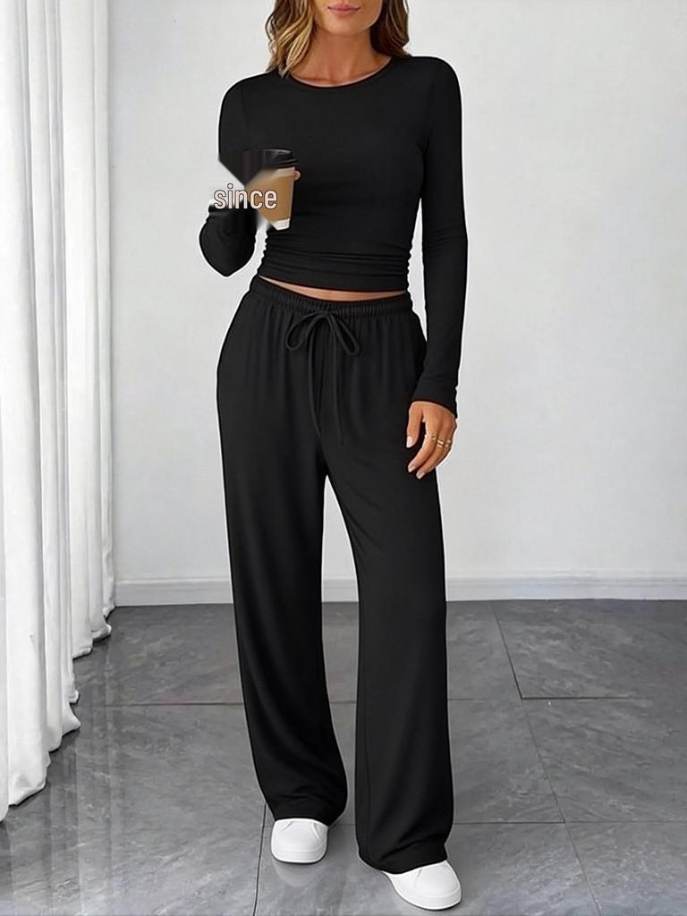 2025 European Cross-Border Spring/Autumn Solid Color Drawstring Waist Long Sleeve and Straight Leg Pants Casual Two-Piece Set