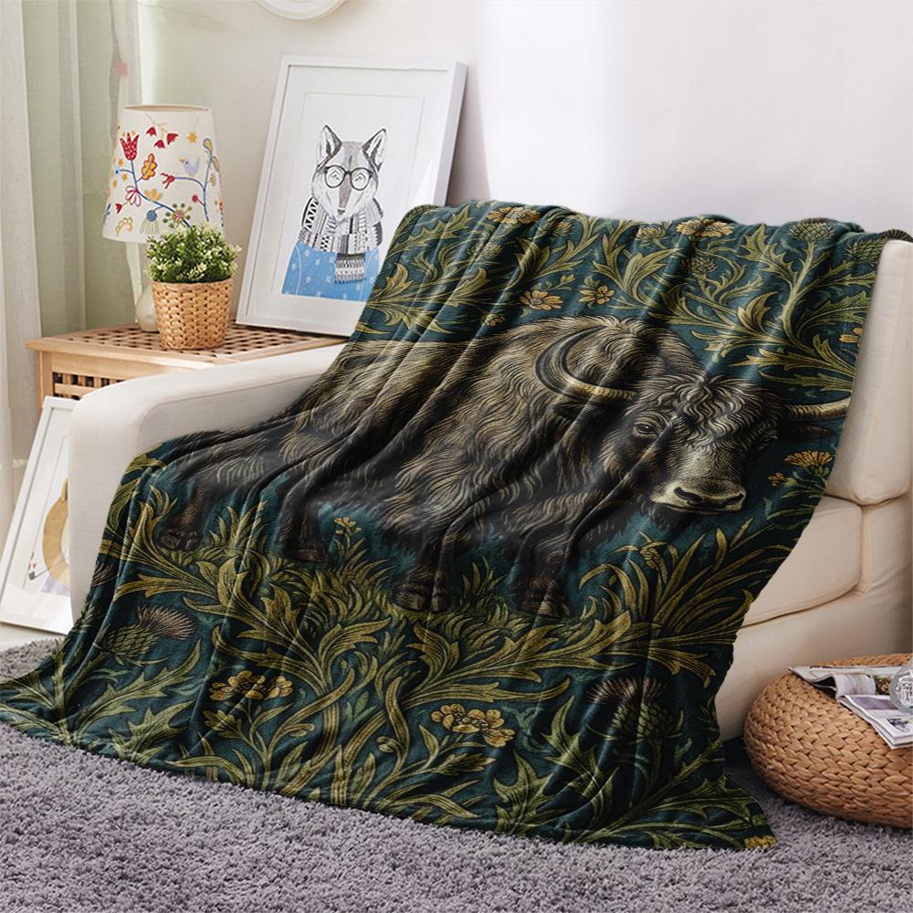 1PC Floral Animals Print FlAannel Blanket, High quality Comfortable for All Seasons, Home Decor, Warmth and Comfort