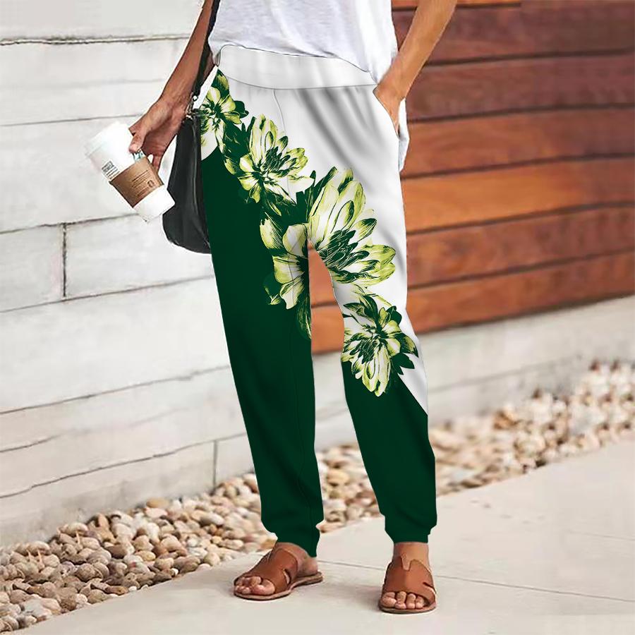 Women Flower Printing Pants Lace Up Elastic Waist Loose  Trousers Casual Long Pants Trousers with Pockets