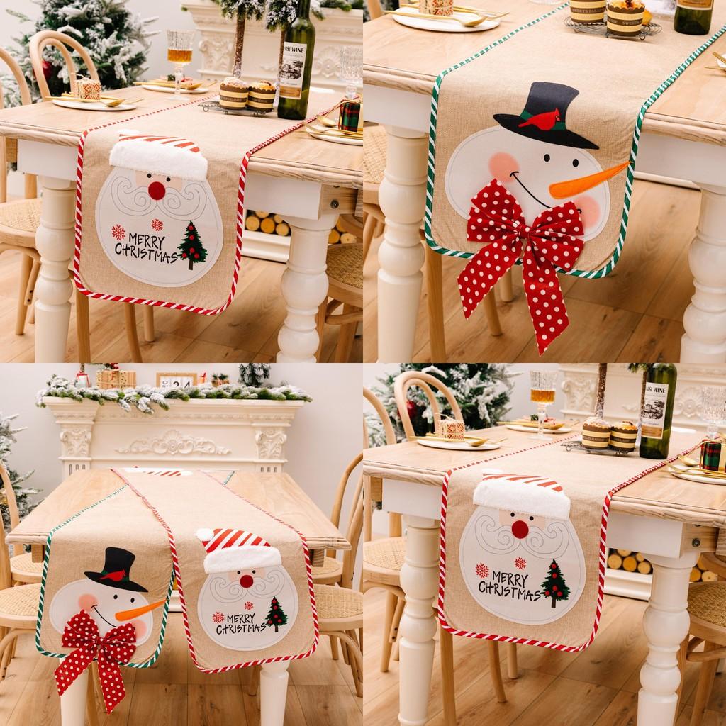 Charming Burlap Christmas Table Decor With Striped Edges Adorned With Whimsical Snowman And Characters Santa