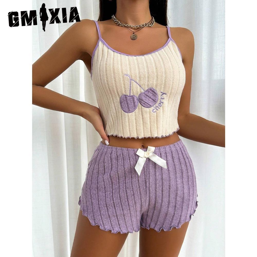 

GMXIA Вышитая пижама женская флисовая майка жилет шорты комплект домашняя одежда XL фиолетовый