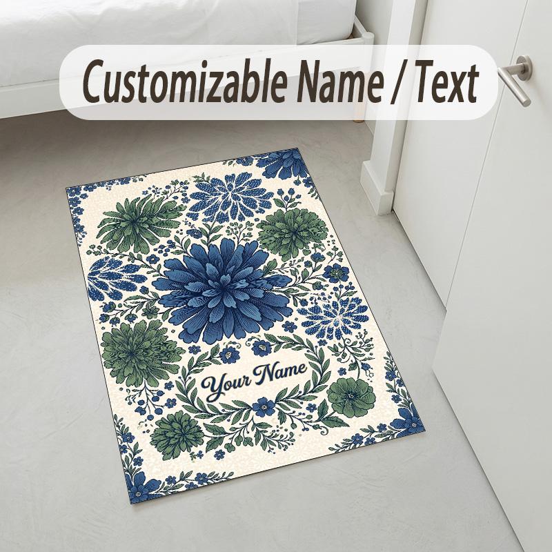 Blue Floral Elegance Theme Soft Crystal Velvet Rug Custom Name & Text Print Non Slip Floor Rug for Bedroom Living Room