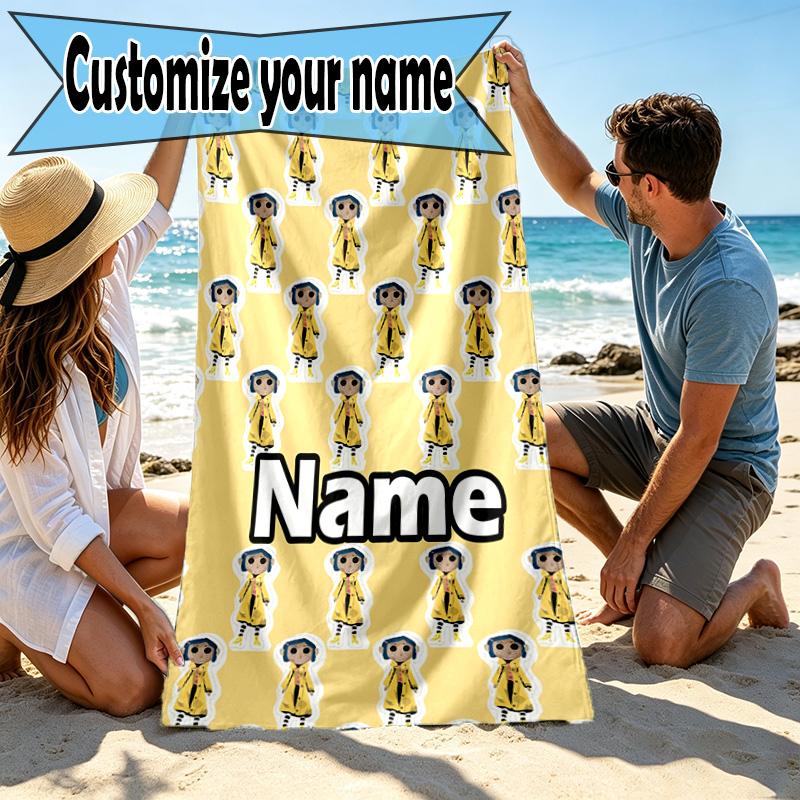 Custom Name Personalized Coraline Print Beach Towel, for Trip Camping Beach Party Home Decor, Birthday Gift for Family & Friends