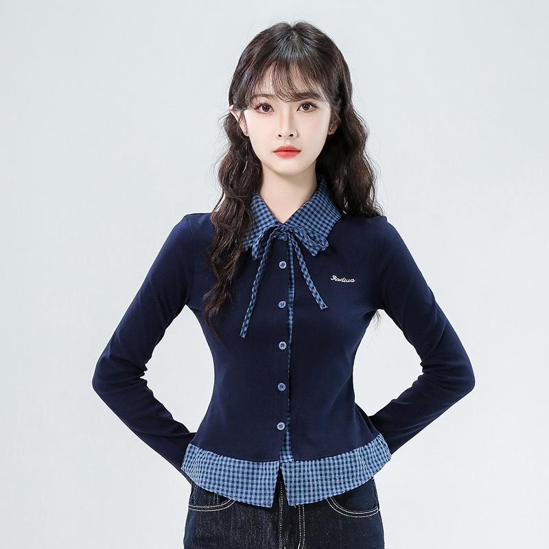 Navy Plaid Collar Fleece-Lined Knit Top, Winter Slim-Fit Layer S