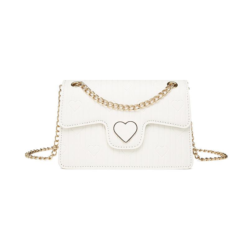 Fashion Trendy Black PU Leather Crossbody Bags Simple White Flap Sling Shoulder Bags for Women Female Heart Print Chain Handbags